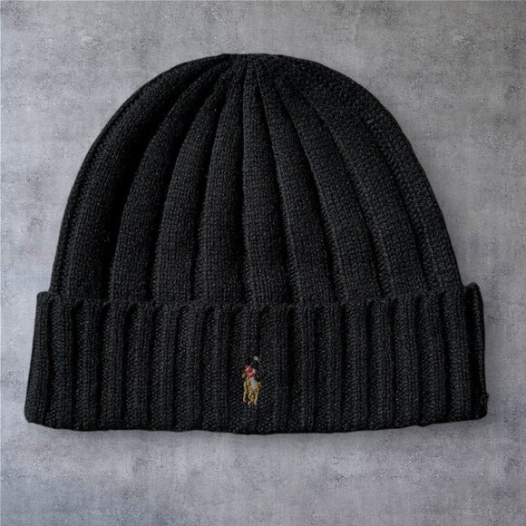 POLO RALPH LAUREN Beanie hat Pony Logo Black Wool Blend NWT One Size - Picture 2 of 3